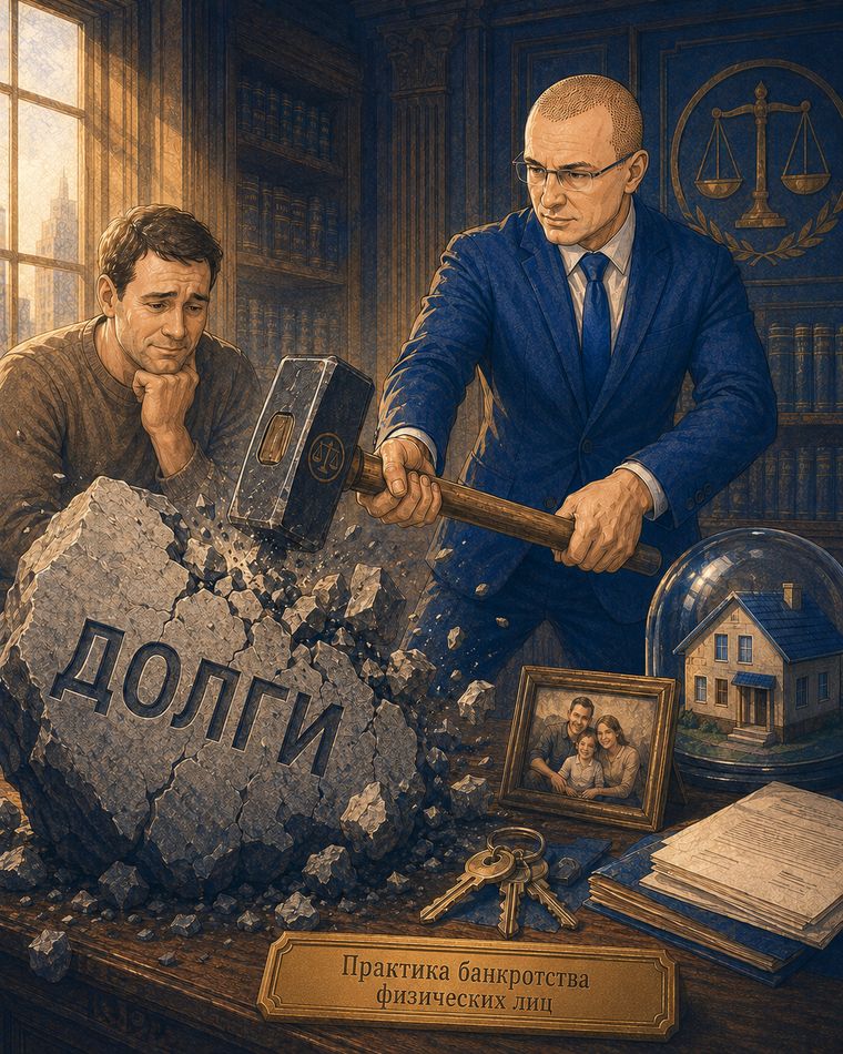 Практика банкротства физических лиц: юрист разбивает камень с надписью «Долги», рядом - дом под стеклянным колпаком